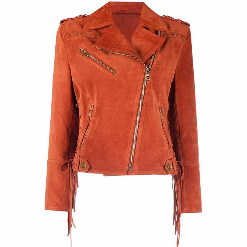 Women Fringed Suede Asymmetric Zip Biker Jacket  X-Zip Fitted Rust Coat
