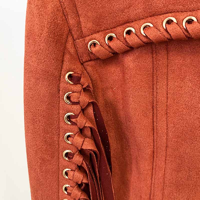 Women Fringed Suede Asymmetric Zip Biker Jacket  X-Zip Fitted Rust Coat