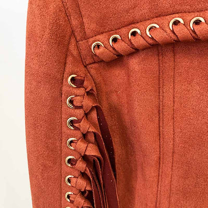 Women Fringed Suede Asymmetric Zip Biker Jacket  X-Zip Fitted Rust Coat