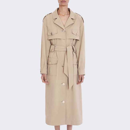 Women over-sized cotton-blend trench-coats belted twill wind coat