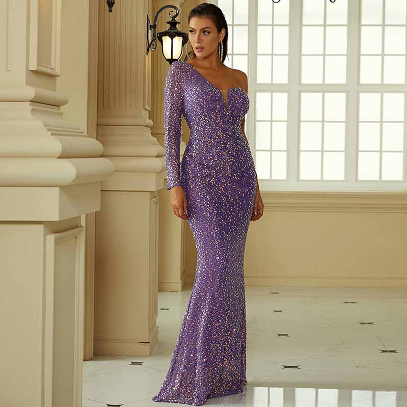 Purple Wedding One Shoulder Sequins Hip Wrap Fishtail Prom Dress