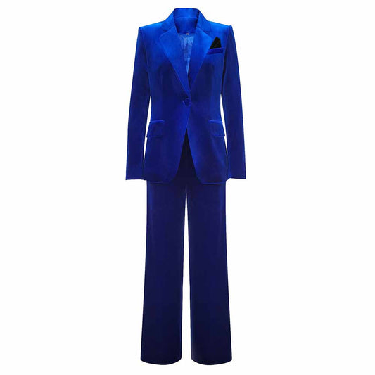 Women Royal Blue Velvet Blazer 2 Piece Suit + Wide Leg Pants suit