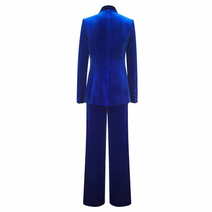 Women Royal Blue Velvet Blazer 2 Piece Suit + Wide Leg Pants suit