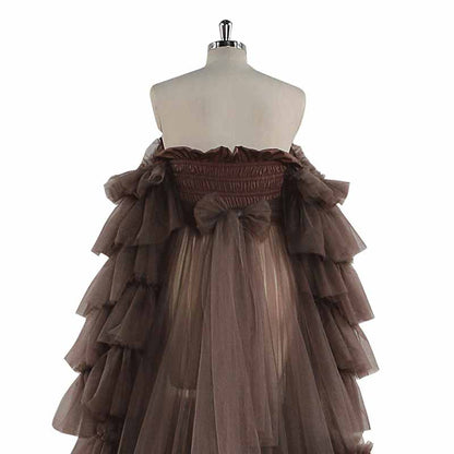 Puffy Ruffles Tulle Robe for Maternity Sheer Off Shoulder Maternity Prom Gown