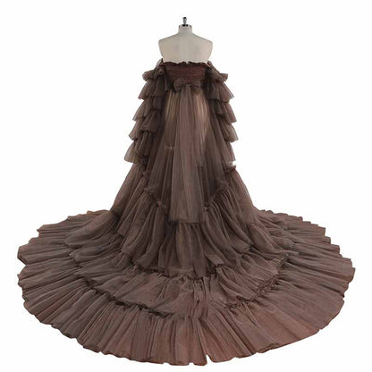 Puffy Ruffles Tulle Robe for Maternity Sheer Off Shoulder Maternity Prom Gown