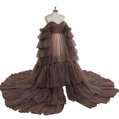 Puffy Ruffles Tulle Robe for Maternity Sheer Off Shoulder Maternity Prom Gown