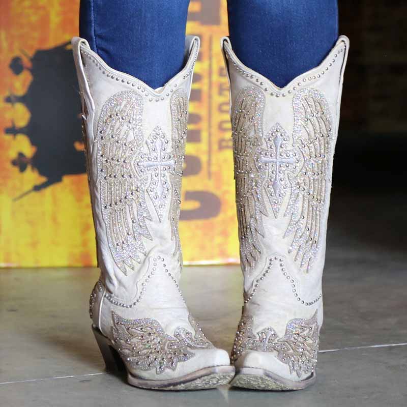 Women's White Glitter Crystals Country Wedding Boots