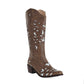 Women Chunky Boots for Girls Embroidered Pu Square Toe Cowgirl Boots