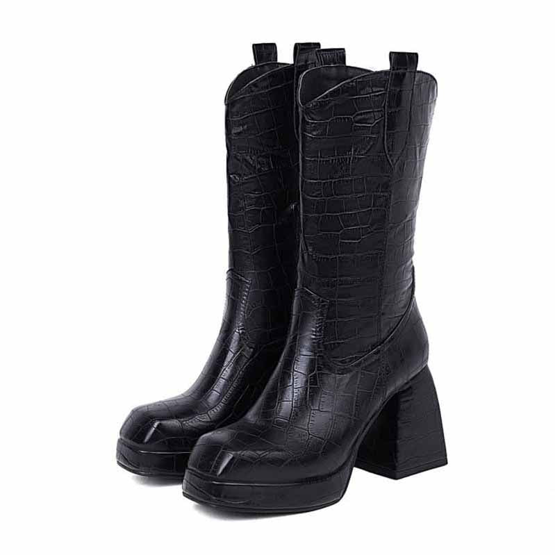 Pointed Toe Mid-Calf Boots Chunky Block Heel Booties for Women
