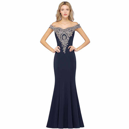 Women Long Gold Lace Applique Mermaid Prom Dress Off Shoulder Formal Gowns