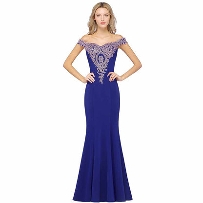 Women Long Gold Lace Applique Mermaid Prom Dress Off Shoulder Formal Gowns