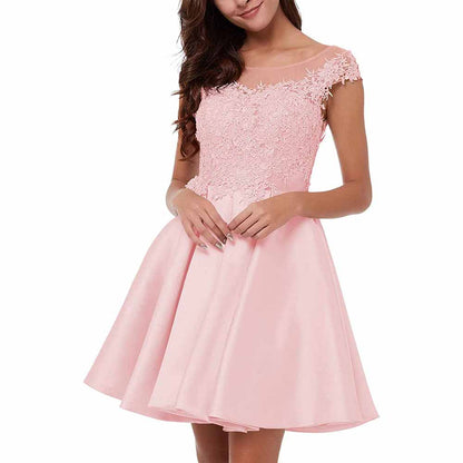 Elegant lace applique homecoming dress in pastel pink with a flattering A-line silhouette