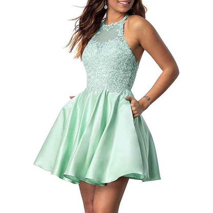 Women's Sleeveless Applique Beaded Short Homecoming Dresses With Pockets