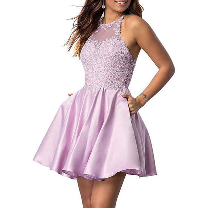 Women's Sleeveless Applique Beaded Short Homecoming Dresses With Pockets