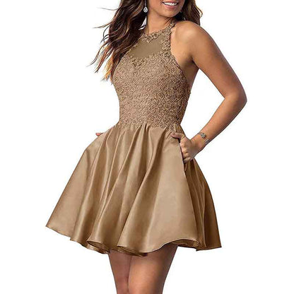 Women's Sleeveless Applique Beaded Short Homecoming Dresses With Pockets