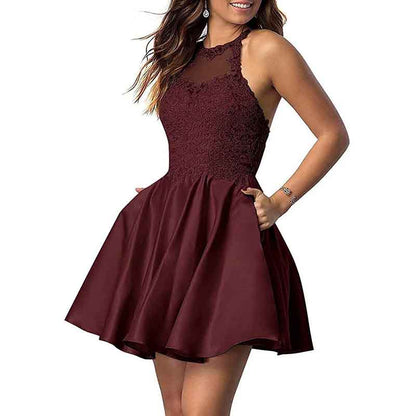 Women's Sleeveless Applique Beaded Short Homecoming Dresses With Pockets