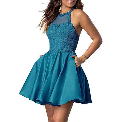 Women's Sleeveless Applique Beaded Short Homecoming Dresses With Pockets