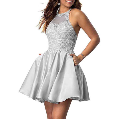 Women's Sleeveless Applique Beaded Short Homecoming Dresses With Pockets