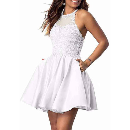 Women's Sleeveless Applique Beaded Short Homecoming Dresses With Pockets