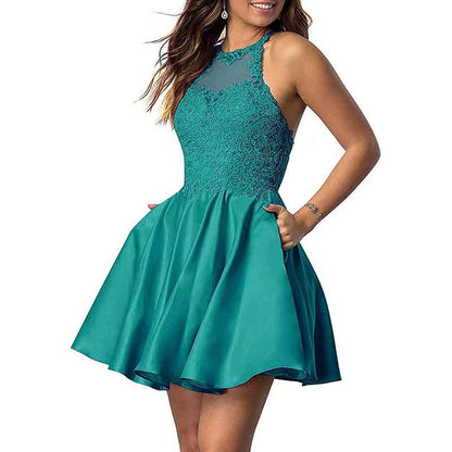 Women's Sleeveless Applique Beaded Short Homecoming Dresses With Pockets