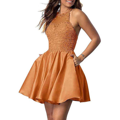 Women's Sleeveless Applique Beaded Short Homecoming Dresses With Pockets