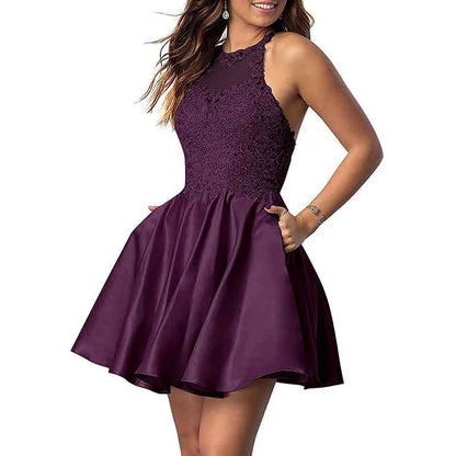 Women's Sleeveless Applique Beaded Short Homecoming Dresses With Pockets