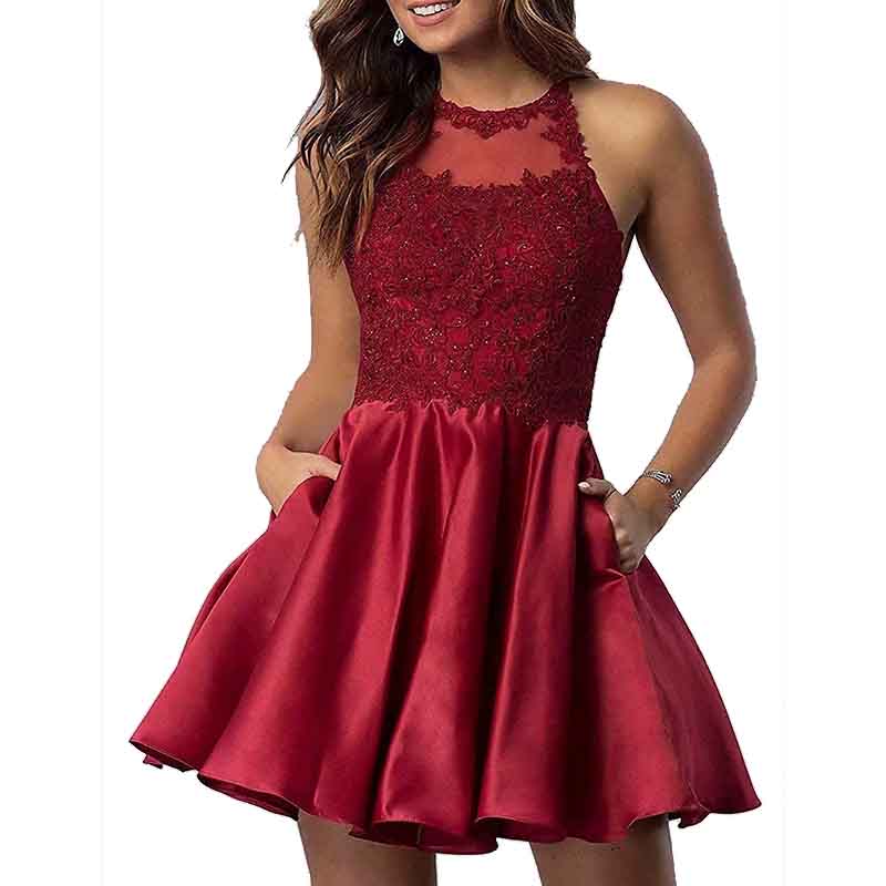 Women's Sleeveless Applique Beaded Short Homecoming Dresses With Pockets