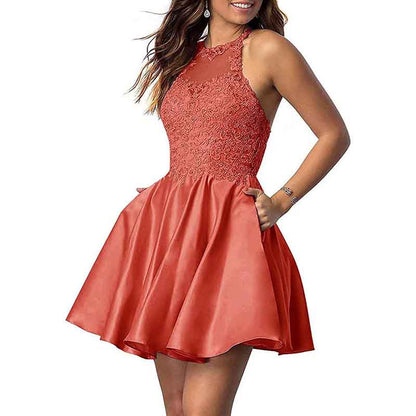 Women's Sleeveless Applique Beaded Short Homecoming Dresses With Pockets