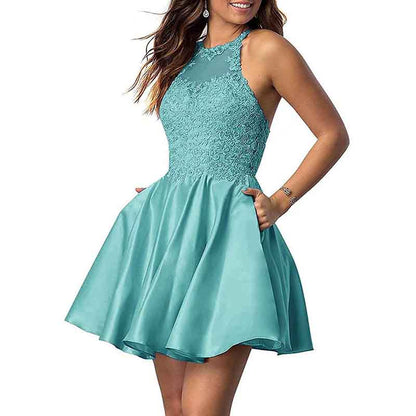 Women's Sleeveless Applique Beaded Short Homecoming Dresses With Pockets