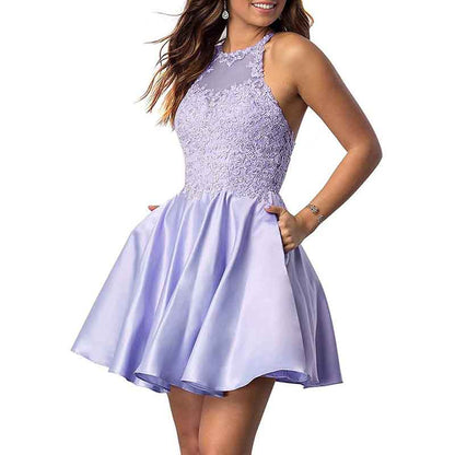 Women's Sleeveless Applique Beaded Short Homecoming Dresses With Pockets