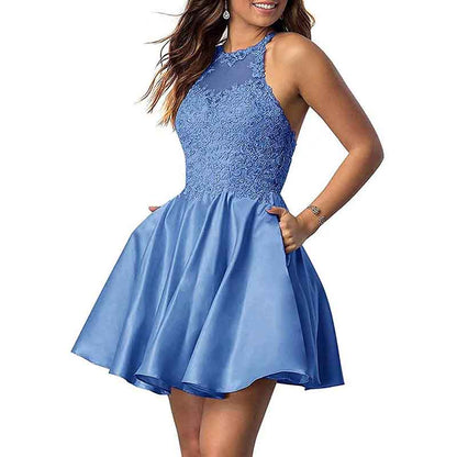 Women's Sleeveless Applique Beaded Short Homecoming Dresses With Pockets