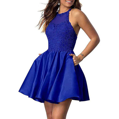Women's Sleeveless Applique Beaded Short Homecoming Dresses With Pockets