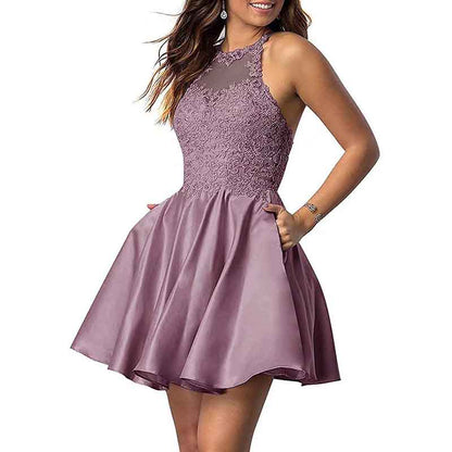 Women's Sleeveless Applique Beaded Short Homecoming Dresses With Pockets