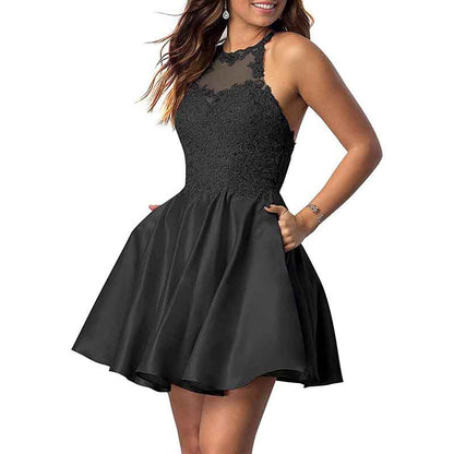 Women's Sleeveless Applique Beaded Short Homecoming Dresses With Pockets