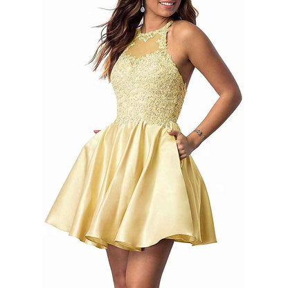 Women's Sleeveless Applique Beaded Short Homecoming Dresses With Pockets