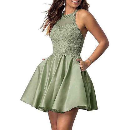 Women's Sleeveless Applique Beaded Short Homecoming Dresses With Pockets