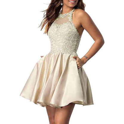 Women's Sleeveless Applique Beaded Short Homecoming Dresses With Pockets