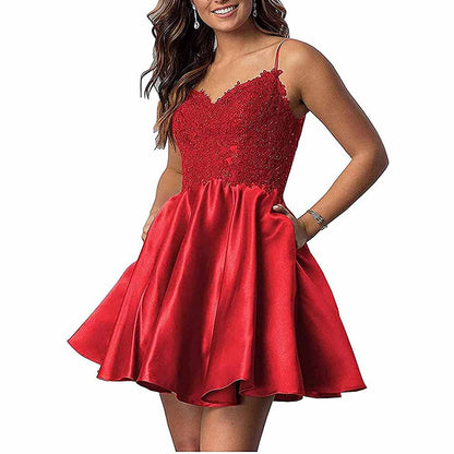 Homecoming Dresses Teens Lace Short Prom Dress with Pocket Mini Party Dresses