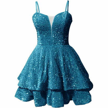 Sparkly short homecoming dress in teal with layered skirt and adjustable straps