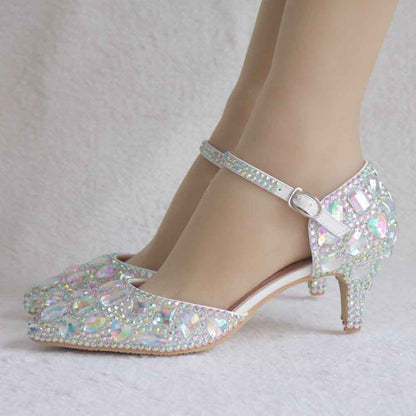 Women Thick Heel Mary-Jane Sandals Kitten Heel Pointed Toe Wedding Shoes