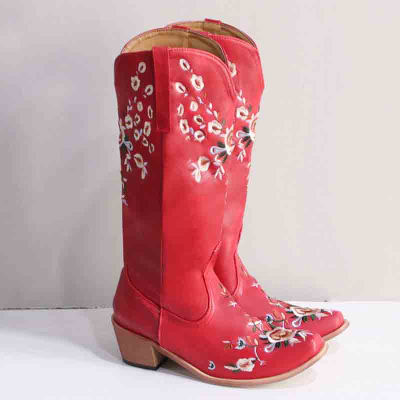 Women's Embroidered Printed Western Cowgirl Boots Mid Calf Chunky Heel Boots