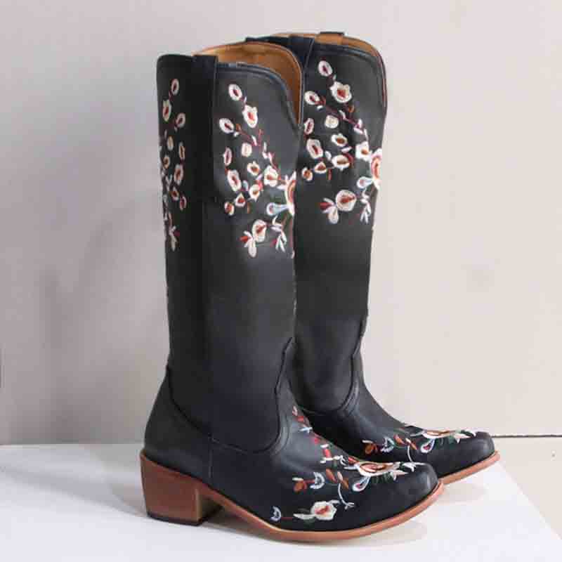 Women's Embroidered Printed Western Cowgirl Boots Mid Calf Chunky Heel Boots