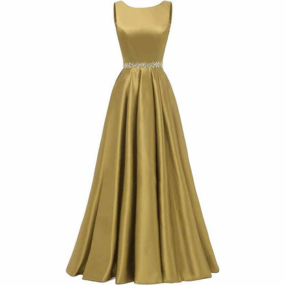 Women Long Prom Dress Satin A-Line with Beaded Belt Formal Evening Gown
