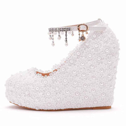 Women Wedding Platform Wedges Shoes Stick Lace Flowers Bride Pumps
