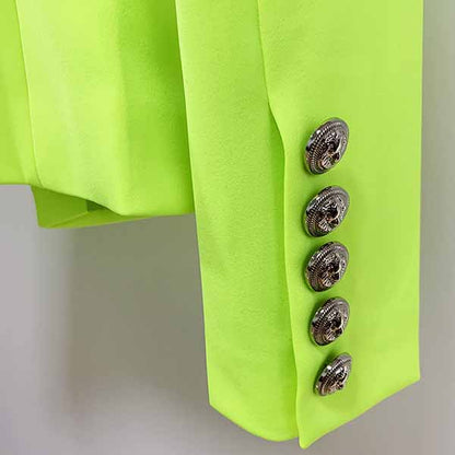 Women's Fitted Silver Lion Buttons Fitted Jacket Blazer Neon Yellow
