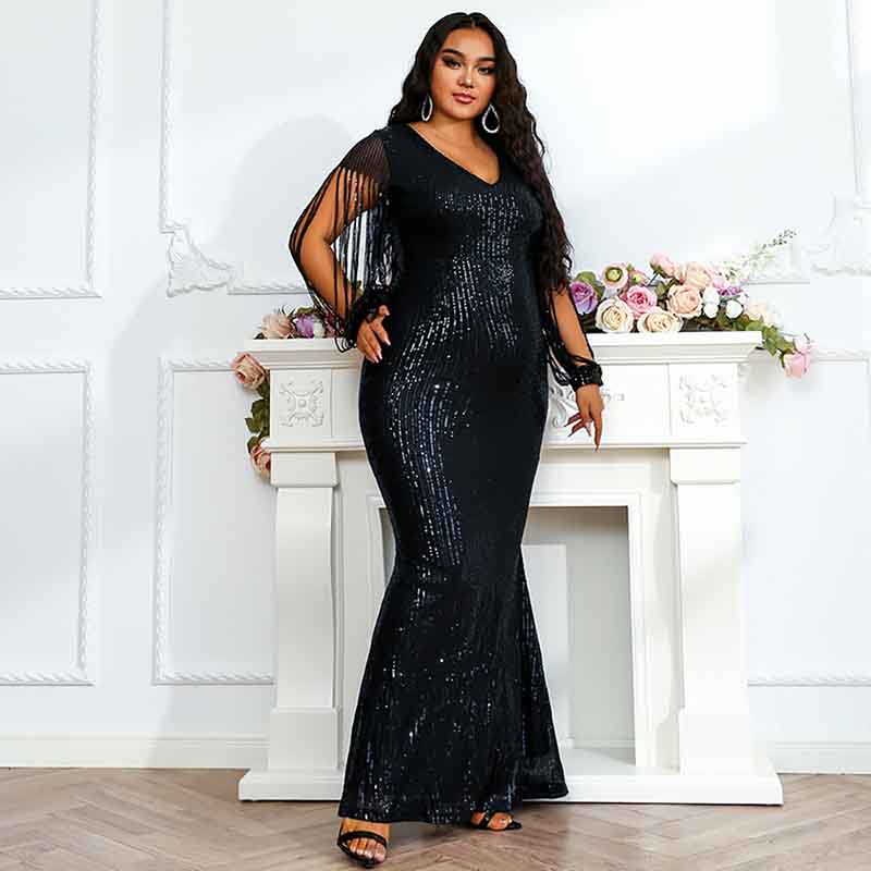 Women Plus Size Shinny Sequin Long Evening Dress Formal Prom Gown