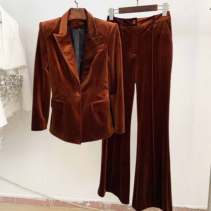 Women Velvet Bronze Green Purple Blazer + Flare Trousers Suit