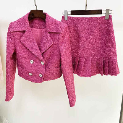 Womens Rose Pink Two Piece Short Coat with Long Sleeves + Short Skirt Formal Set