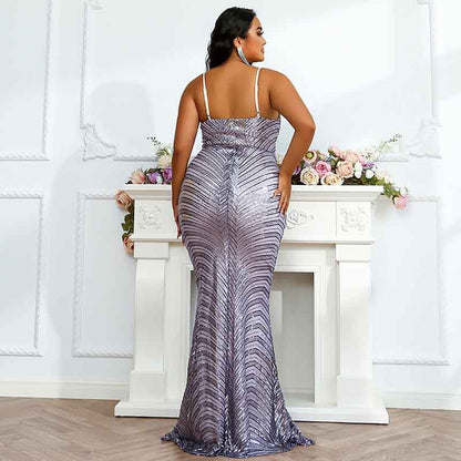 Wedding Plus Size Grey Sequin Dress V-Neck Sleeveless Dress Mermaid Maxi Dress
