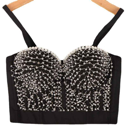 Womens Crop Tops Black Beaded Push Up Corset Bra Dance Top